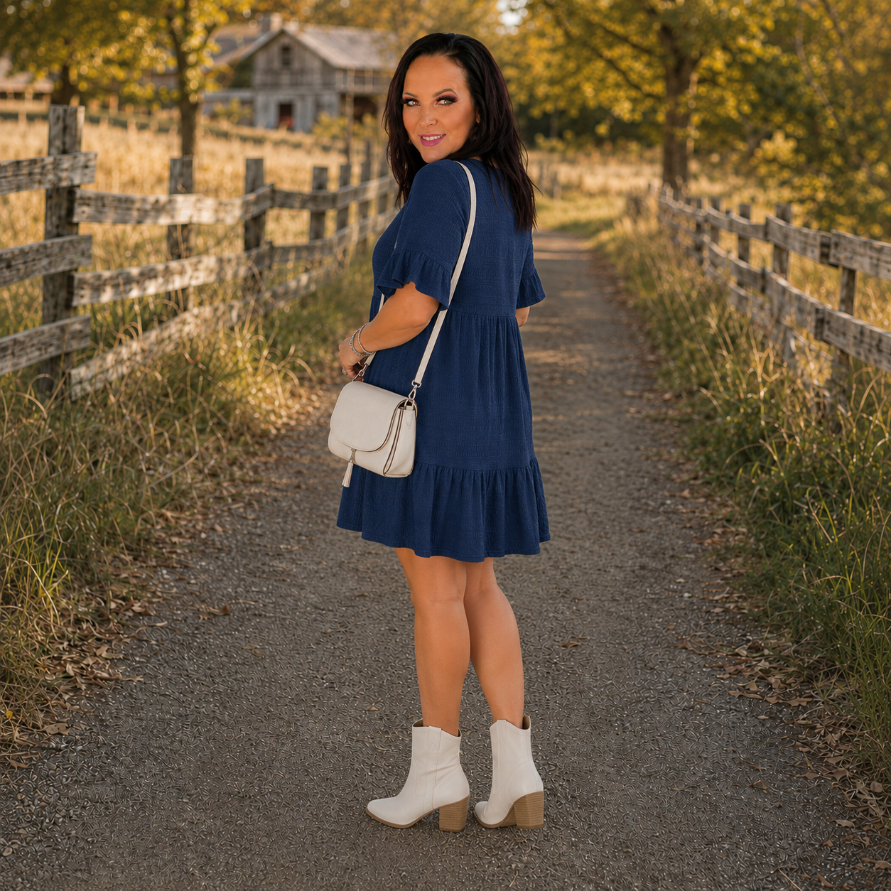 Navy Blue Textured Smocked Short Sleeve Tiered Midi Dress