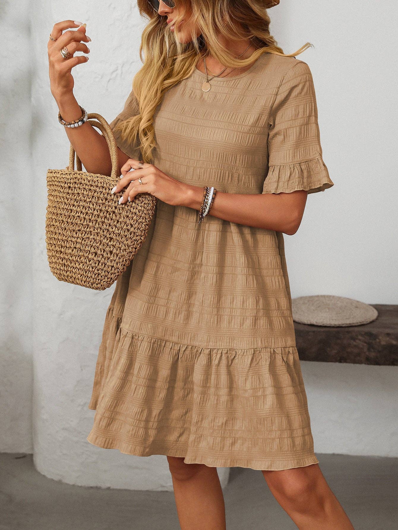 Textured Smocked Short Sleeve Tiered Midi Dress