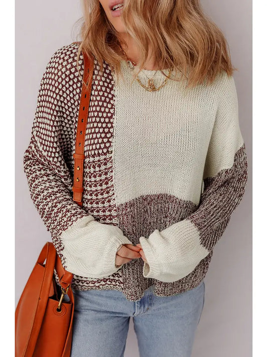 Color Block Back Tie Drop Shoulder Loose Sweater