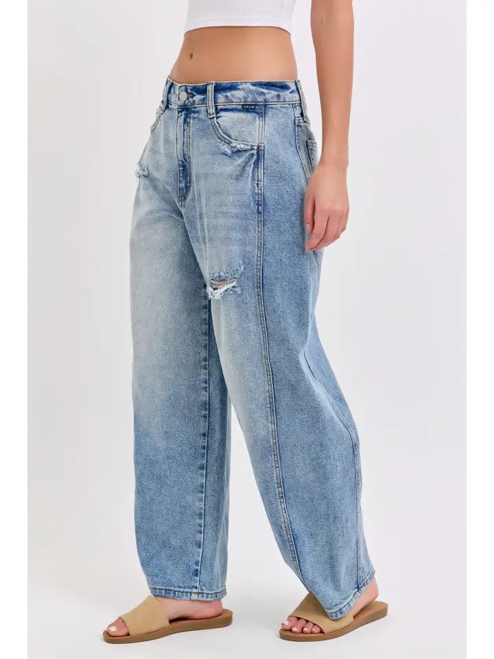 Mid-Waisted Barrel Jeans with Side Panels