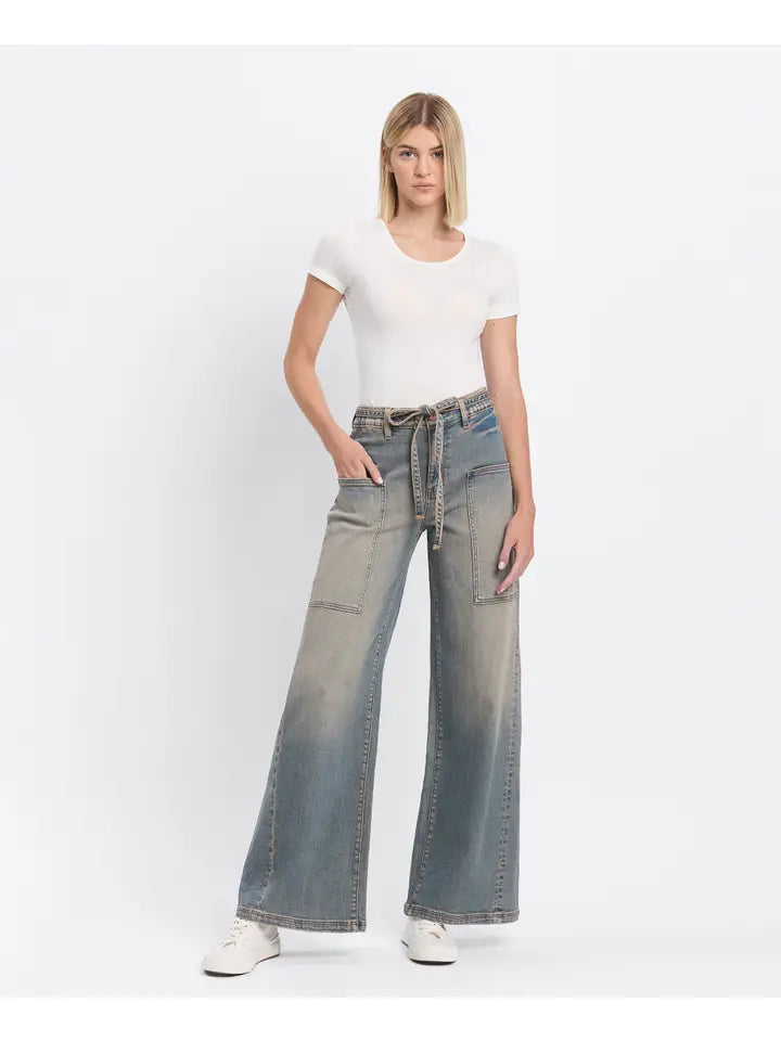 High Rise Elastic Tie Waistband Baggy Wide Jeans