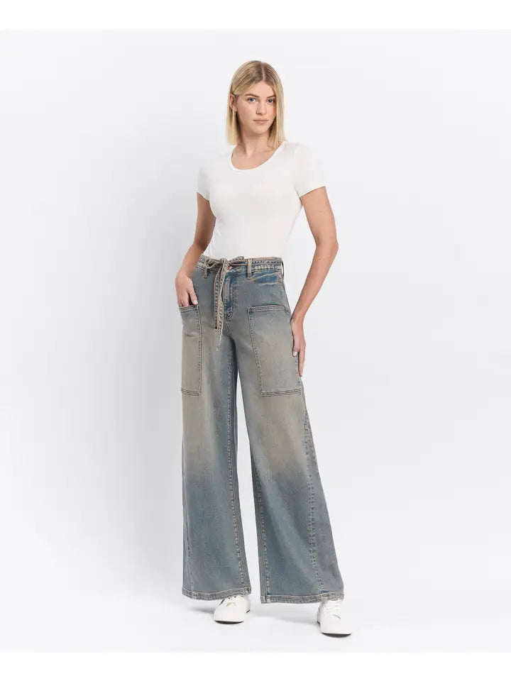 High Rise Elastic Tie Waistband Baggy Wide Jeans