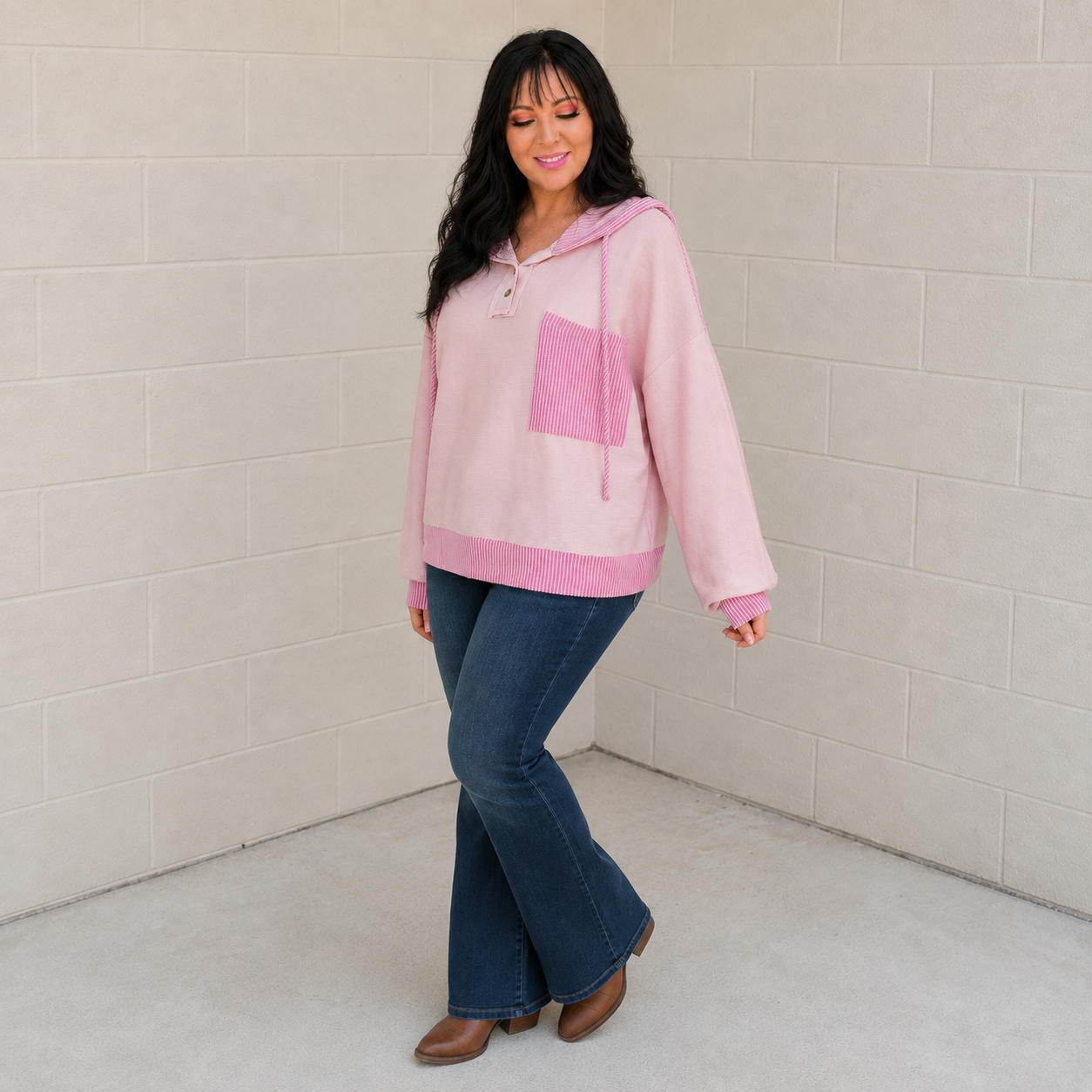 Here for Now Color Block Hoodie in Pink