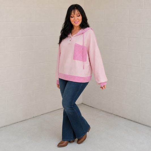 Here for Now Color Block Hoodie in Pink