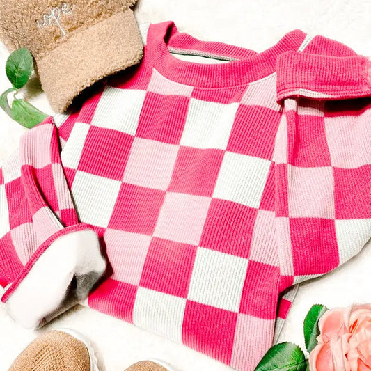 Pink Checkered Chenille Cotton Corded Crew Sweatshirt