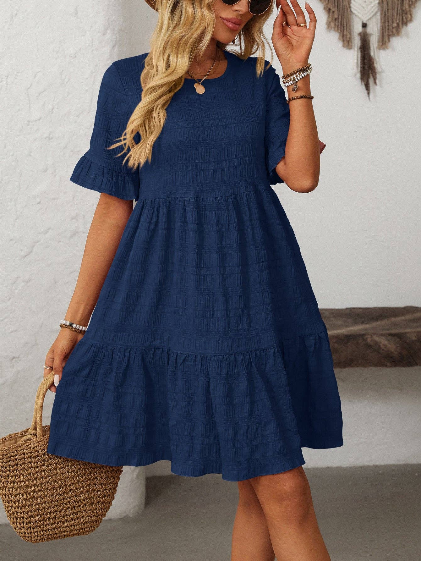 Textured Smocked Short Sleeve Tiered Midi Dress