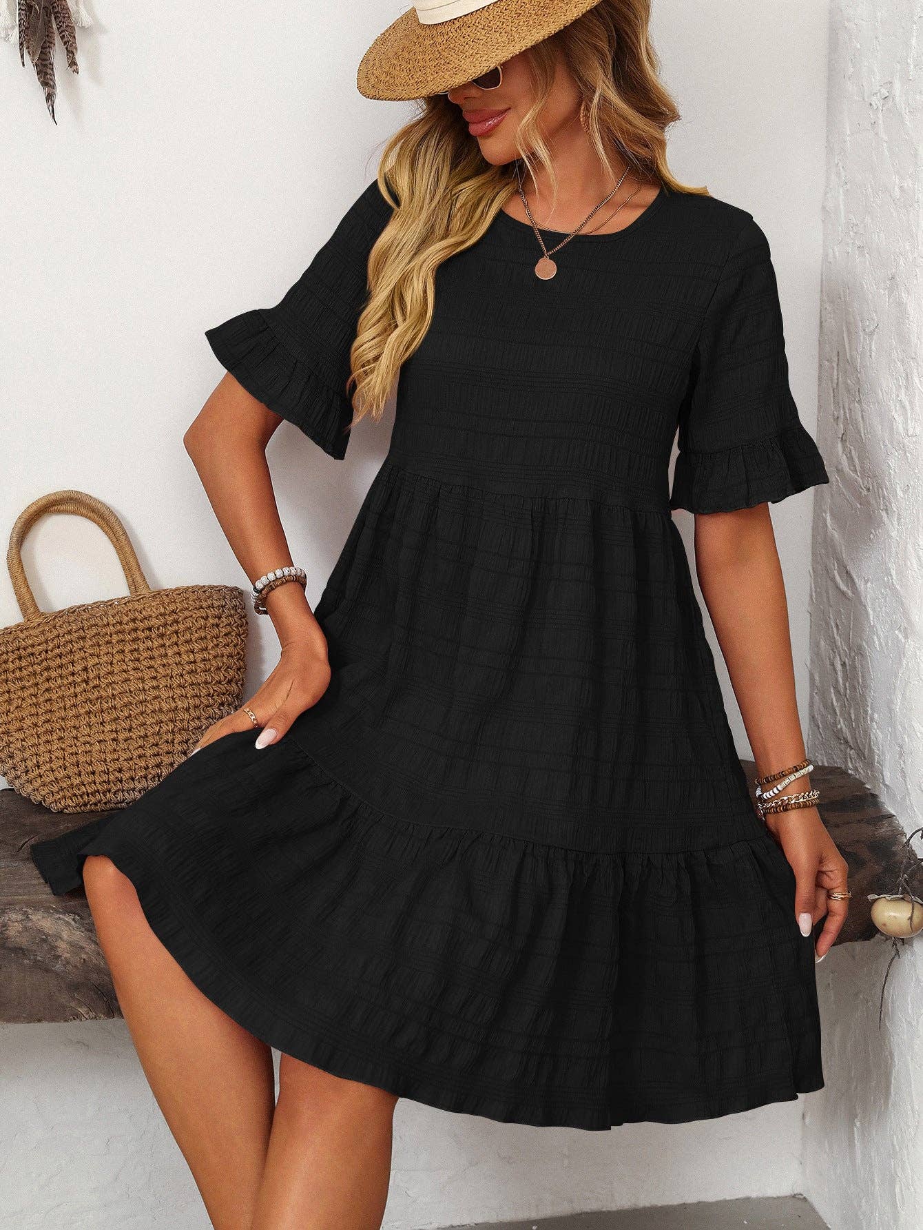 Textured Smocked Short Sleeve Tiered Midi Dress