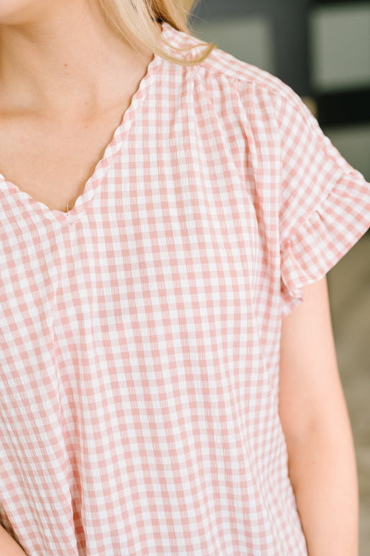 A Different Side Of Me Gingham Blouse in Dusty Rose – crinkle woven top with banded V-neckline and dolman sleeves – alternate view 2