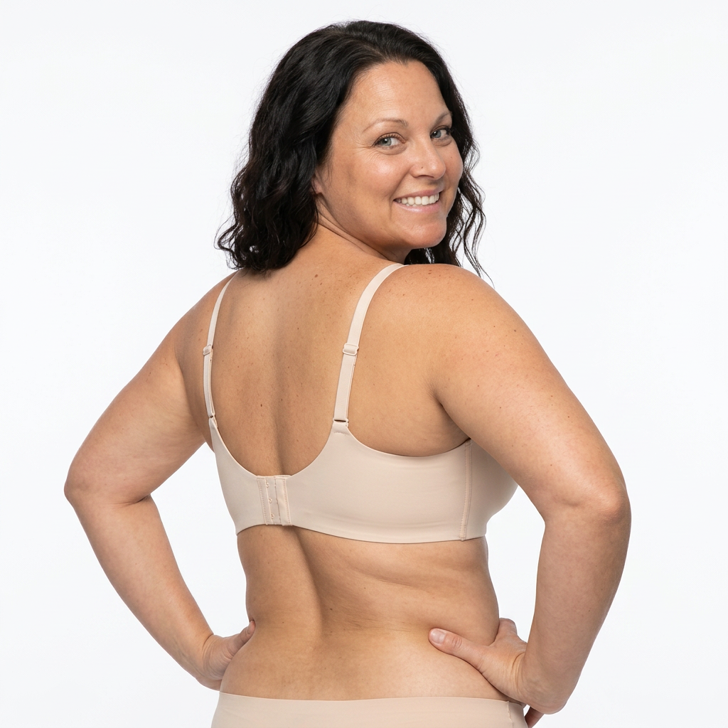 Woman wearing a beige bra on a white background