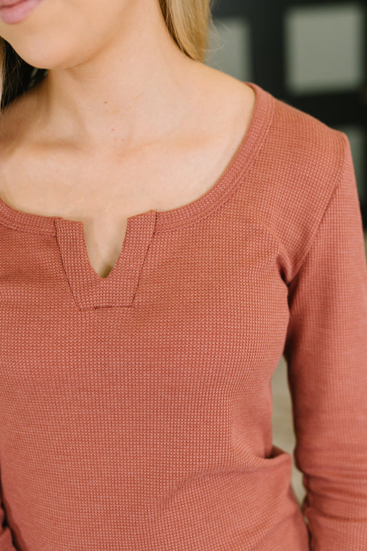 All That I Know Split Neck Top in Marsala, waffle knit – alternate view 2