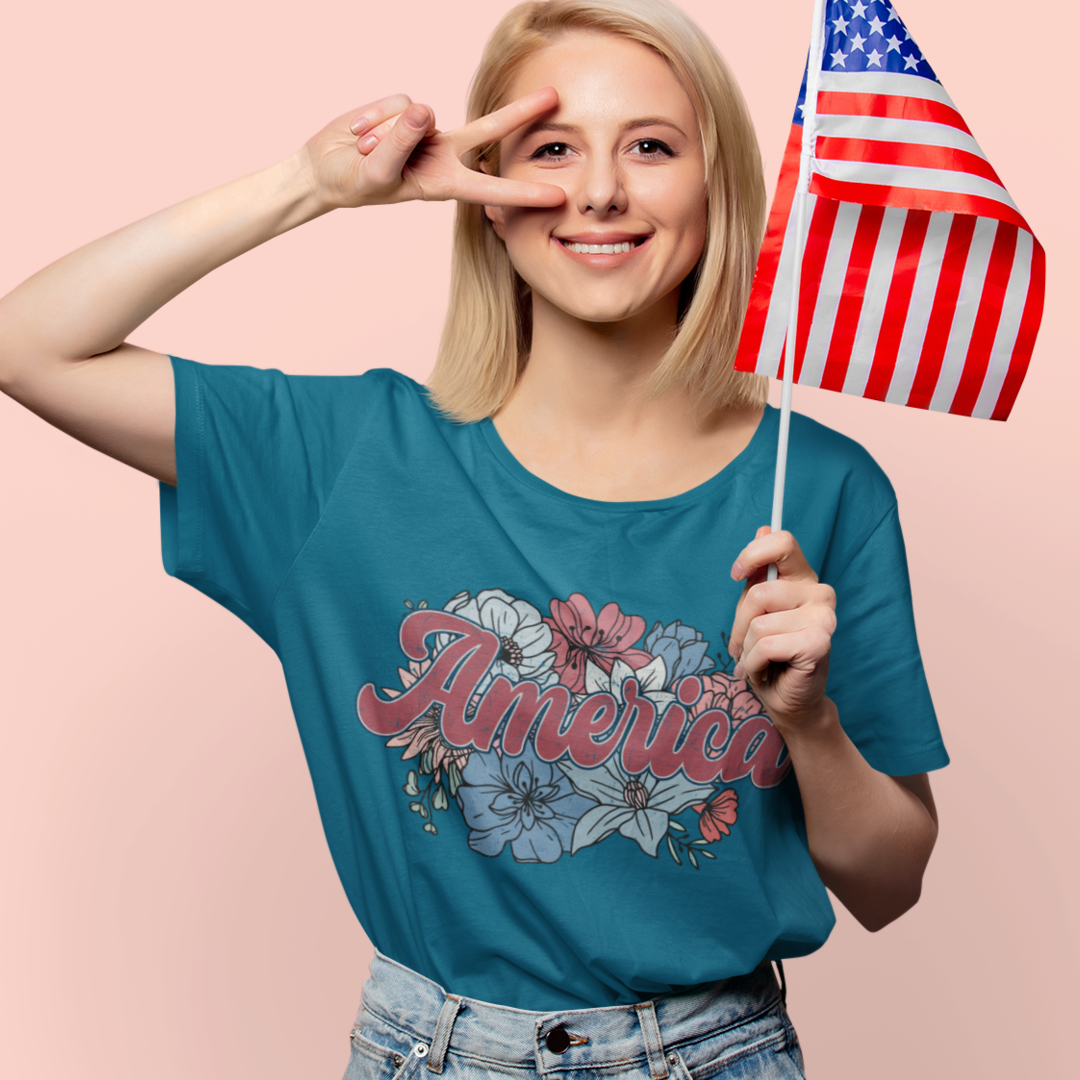 Floral American Graphic Tee Womans t-shirt Tea Shirt Shoppe S Deep Teal