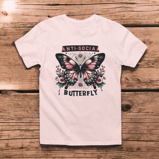 Anti-Social Butterfly Graphic Tee T-shirt Tea Shirt Shoppe S Soft Pink