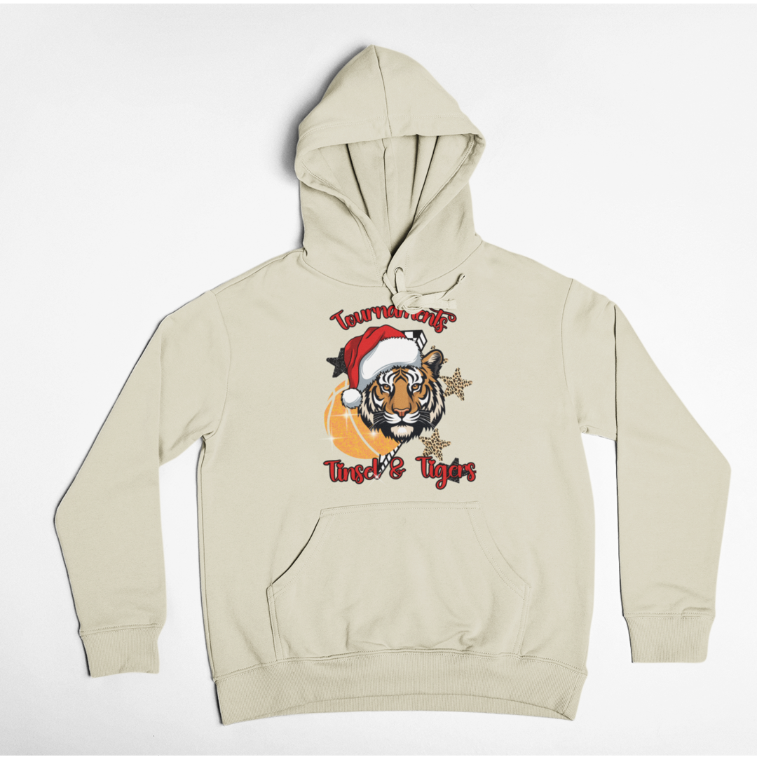 Beige hoodie with a tiger wearing a Santa hat graphic on a white background