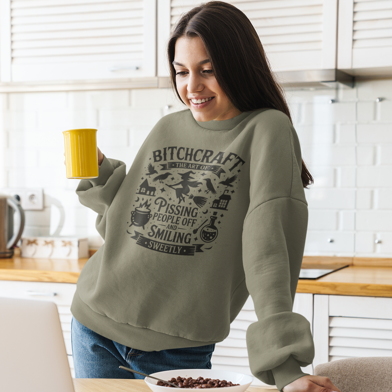 Bitchcraft Graphic Sweatshirt Graphic Sweatshirt Tea Shirt Shoppe S Military Green