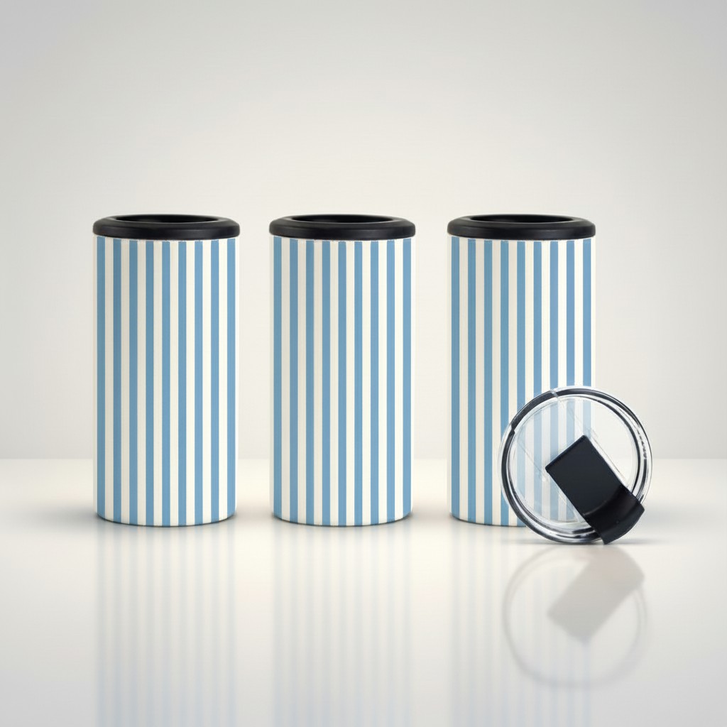 Blue candy stripe 14oz 4-in-1 can cooler tumblers on a wooden picnic table, styled with a soda can, beer bottle, and removable lid.