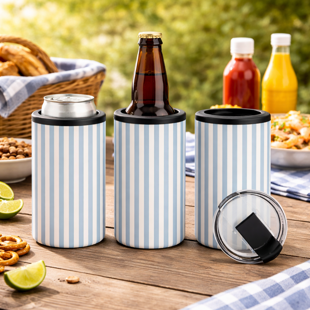 Blue candy stripe 14oz 4-in-1 can cooler tumblers on a wooden picnic table, styled with a soda can, beer bottle, and removable lid.