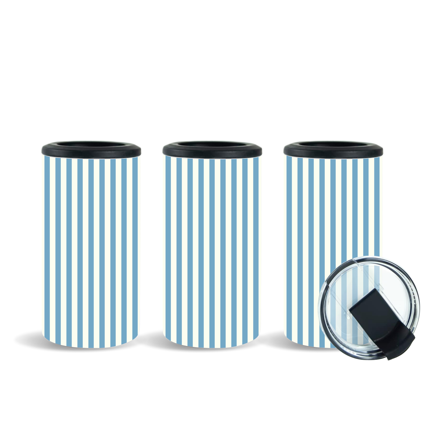 Blue candy stripe 14oz 4-in-1 can cooler tumblers on a wooden picnic table, styled with a soda can, beer bottle, and removable lid.