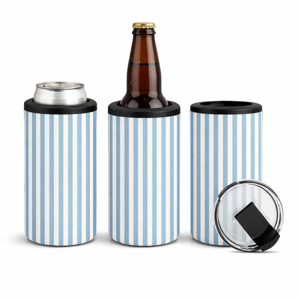 Blue candy stripe 14oz 4-in-1 can cooler tumblers on a wooden picnic table, styled with a soda can, beer bottle, and removable lid.