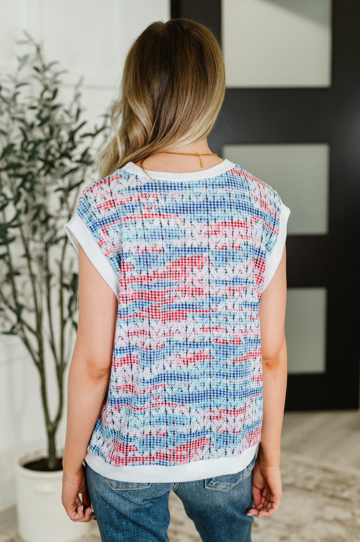 Blurred Beauty Textured Knit Top in Blue, Red and White – alternate view 6