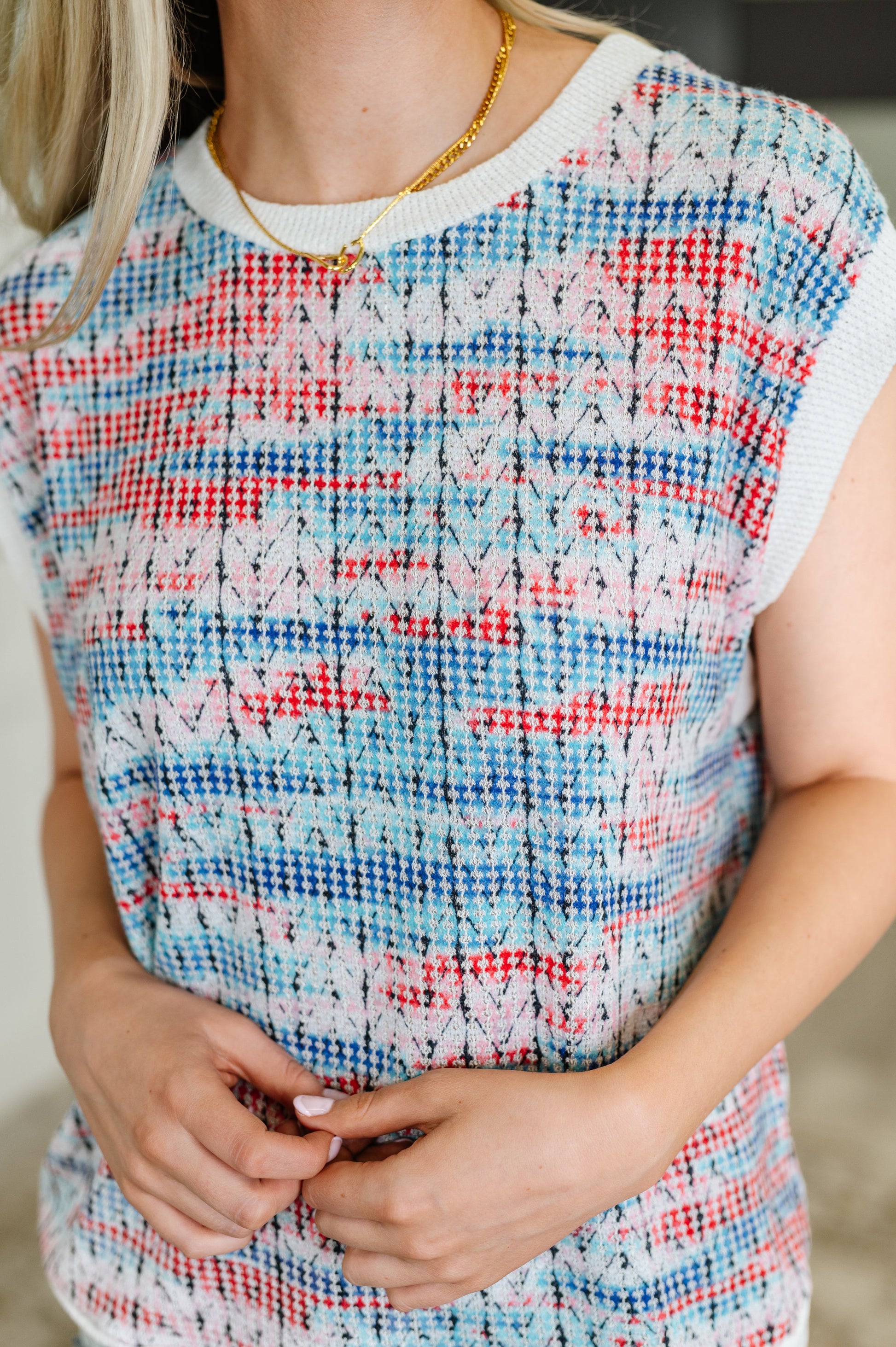 Blurred Beauty Textured Knit Top in Blue, Red and White – alternate view 2