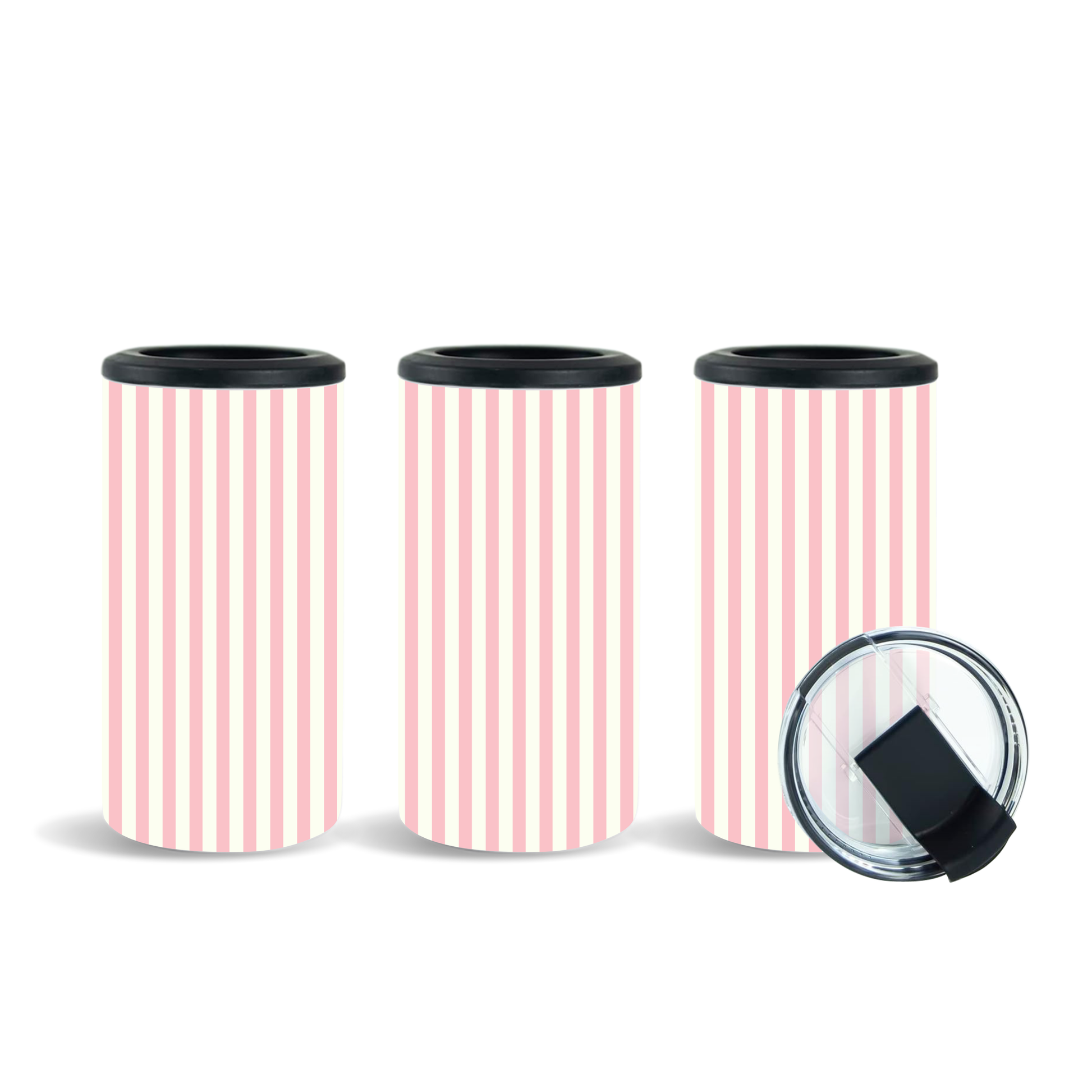 Pink candy stripe 14oz 4-in-1 can cooler tumblers on a wooden picnic table, styled with a soda can, beer bottle, and removable lid.
