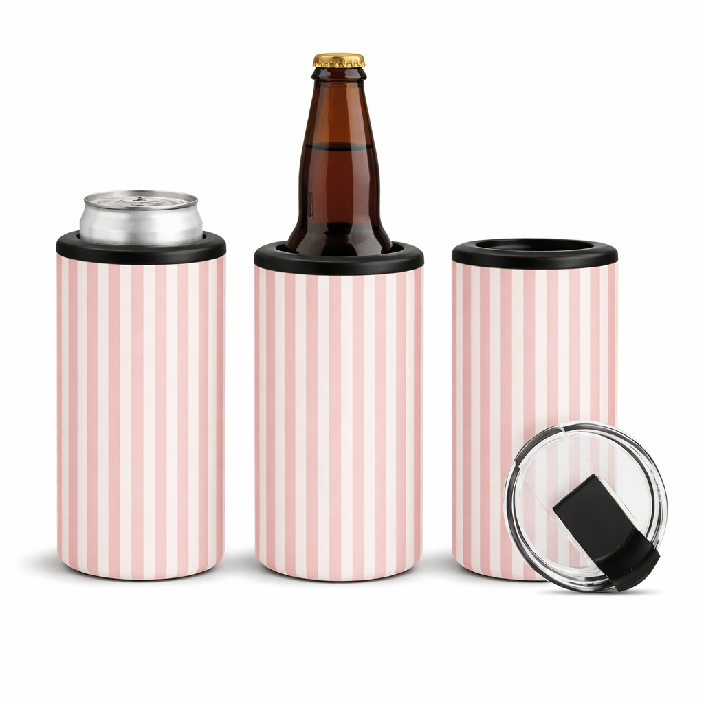 Pink candy stripe 14oz 4-in-1 can cooler tumblers on a wooden picnic table, styled with a soda can, beer bottle, and removable lid.