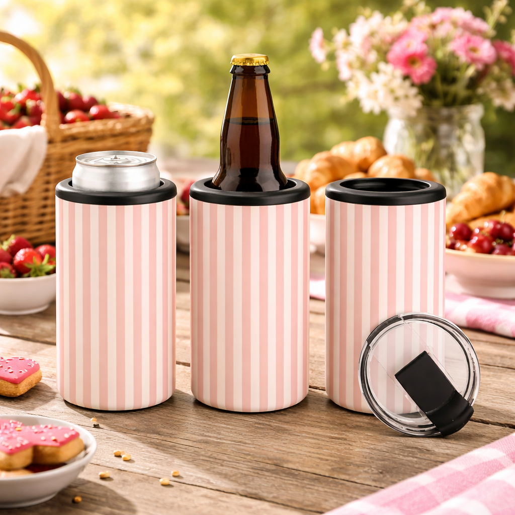 Pink candy stripe 14oz 4-in-1 can cooler tumblers on a wooden picnic table, styled with a soda can, beer bottle, and removable lid.
