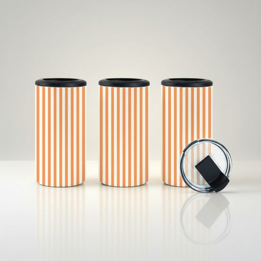 Orange candy stripe 14oz 4-in-1 can cooler tumblers on a wooden picnic table, styled with a soda can, beer bottle, and removable lid.