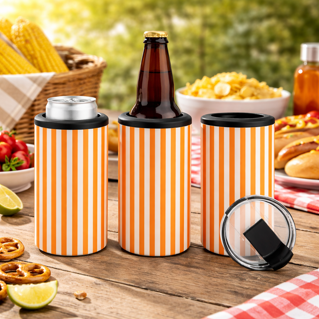 Orange candy stripe 14oz 4-in-1 can cooler tumblers on a wooden picnic table, styled with a soda can, beer bottle, and removable lid.