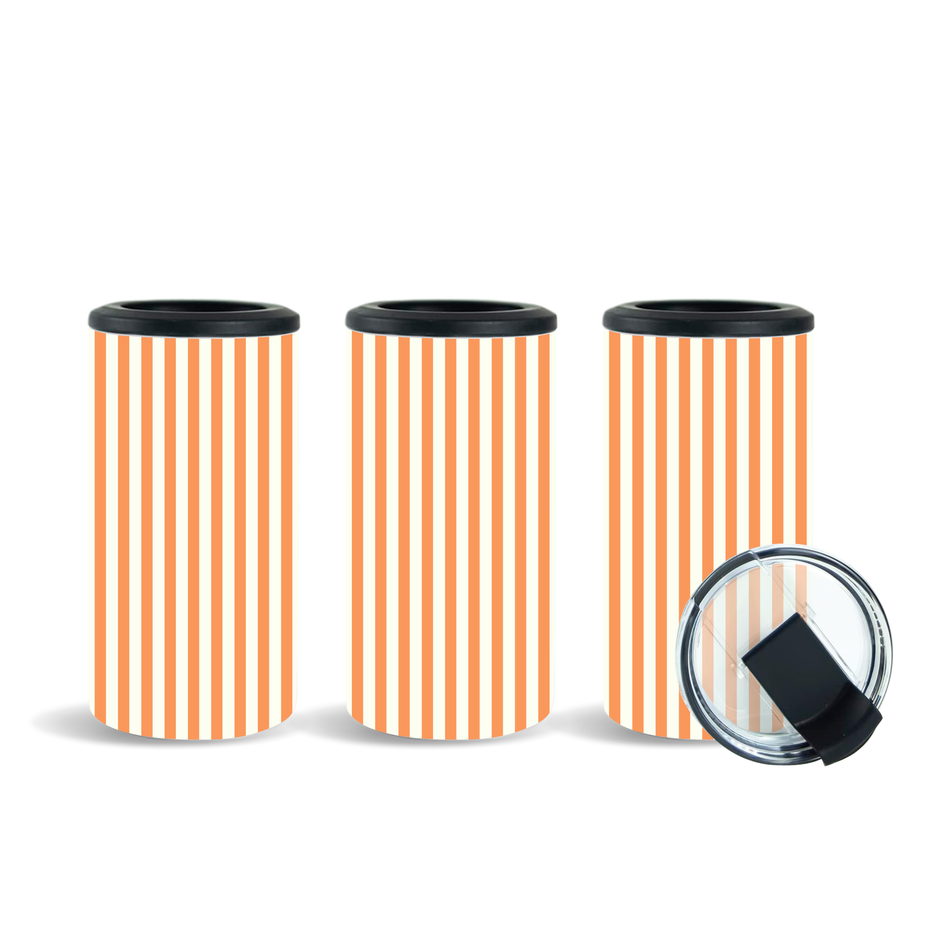 Orange candy stripe 14oz 4-in-1 can cooler tumblers on a wooden picnic table, styled with a soda can, beer bottle, and removable lid.
