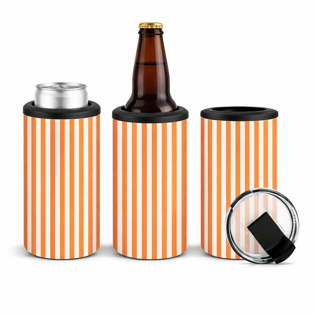 Orange candy stripe 14oz 4-in-1 can cooler tumblers on a wooden picnic table, styled with a soda can, beer bottle, and removable lid.