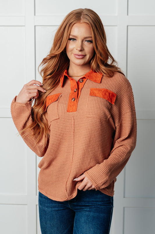 Can't Imagine Why Waffle Knit Contrast Trim Top in suede