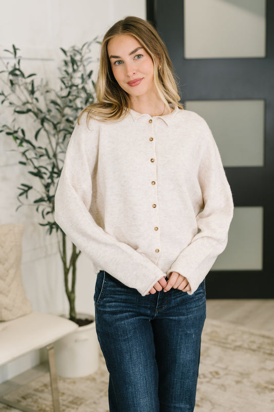 Careful Consideration Collared Button Down in Heathered Beige, knit