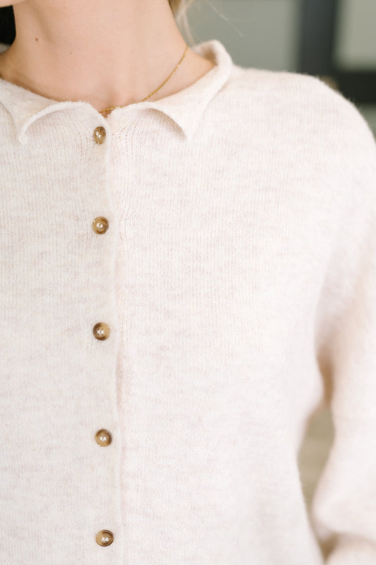 Careful Consideration Collared Button Down in Heathered Beige, knit – alternate view 2