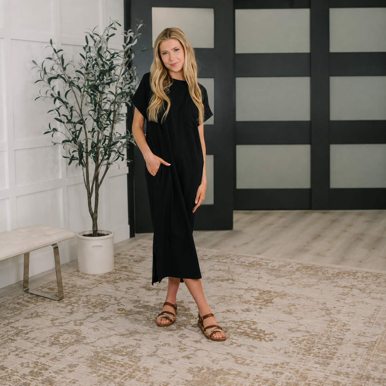 Fix You Right Up Short Sleeve Midi Dress in Black