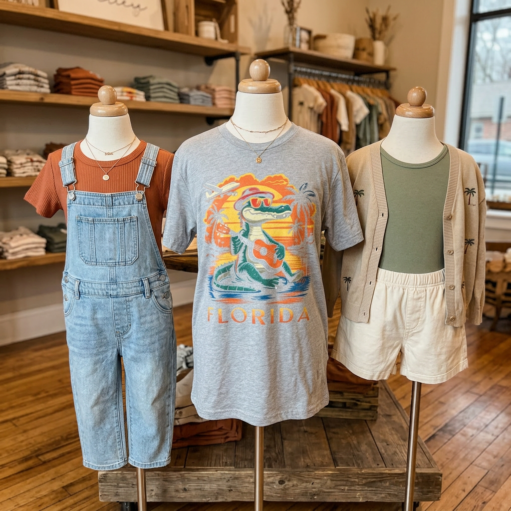 Three mannequins dressed in casual clothing with a store interior background