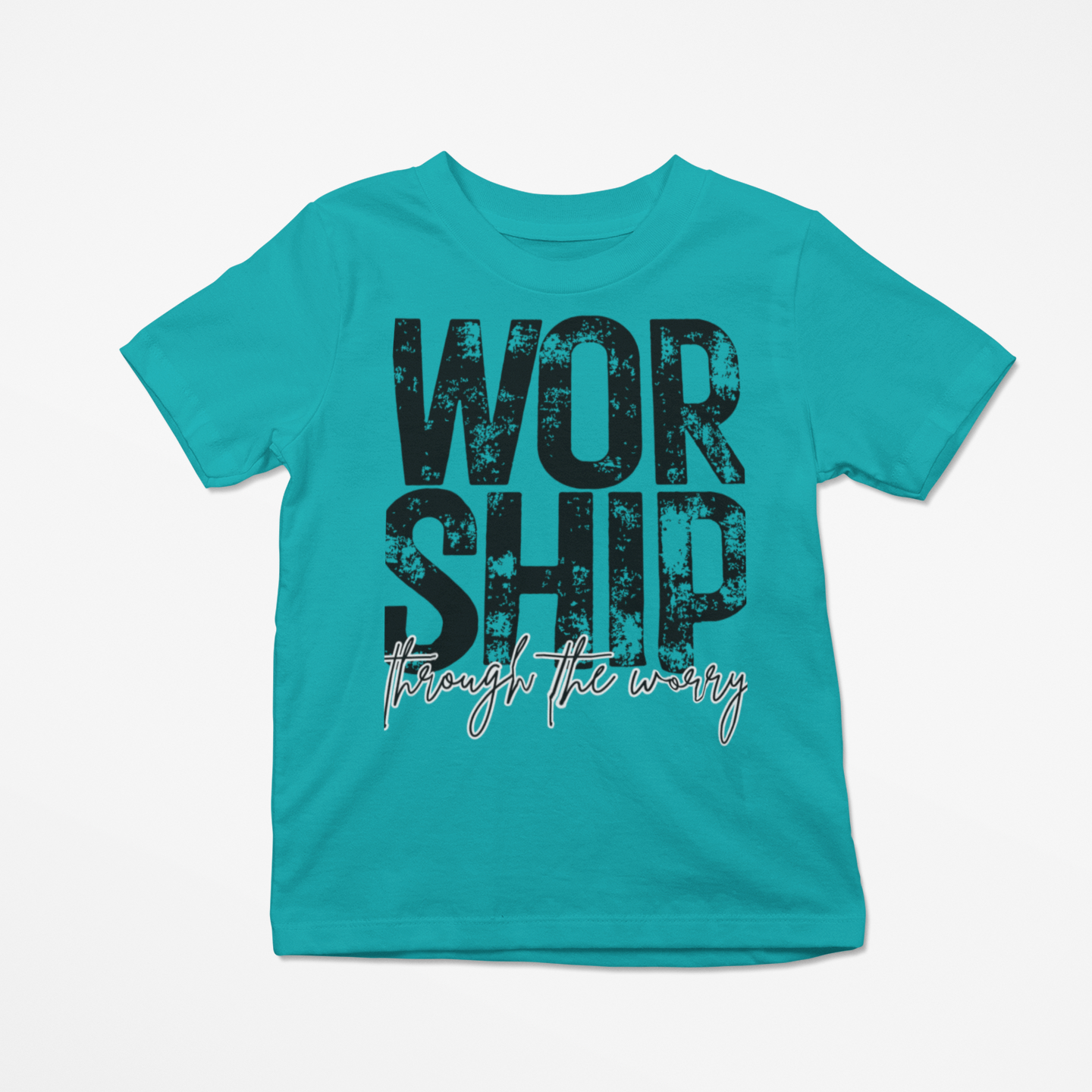 Teal t-shirt with black text on a white background