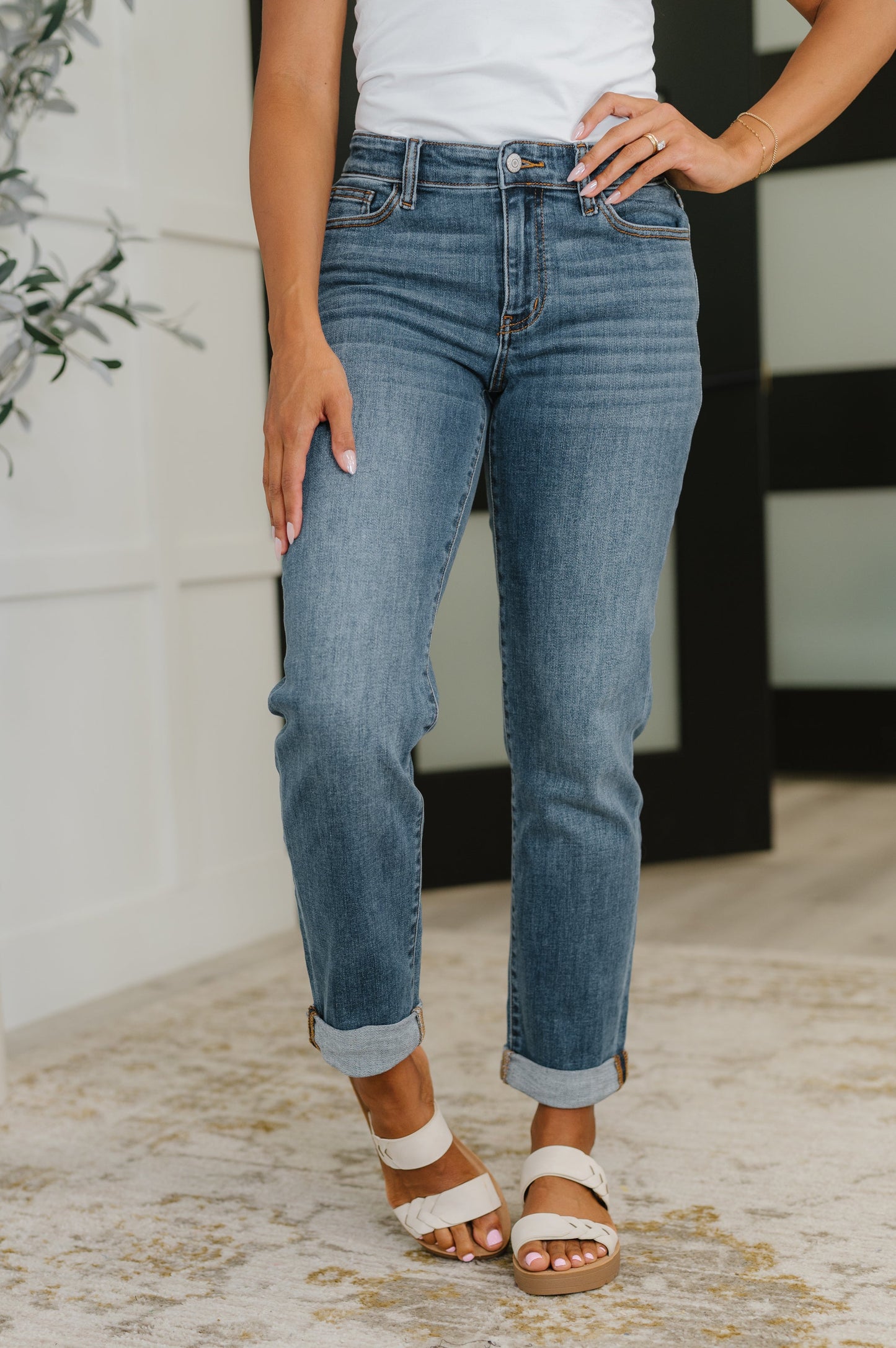 Colette Mid Rise Boyfriend Classic Cuffed – dark wash boyfriend fit with 4-way stretch