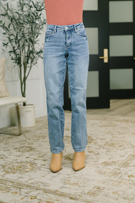 Corrine Mid Rise Control Top Vintage Straight Jeans in blue