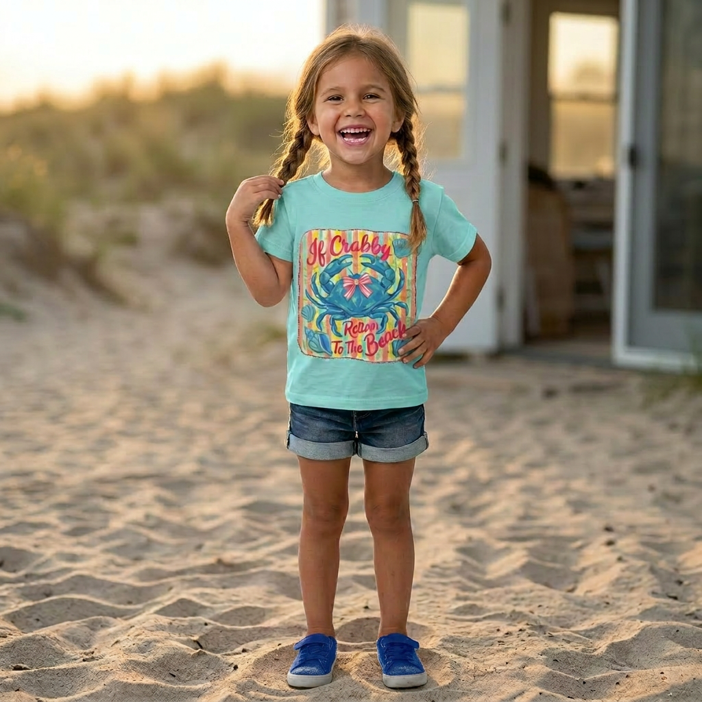 Young girl standing on a sandy beach wearing a light blue t-shirt with a colorful graphic design.