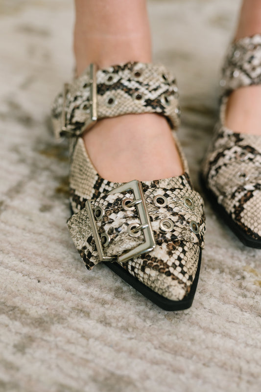 Crazy Train Buckle Pointy Toe Flats in Snakeskin, leather – alternate view 2