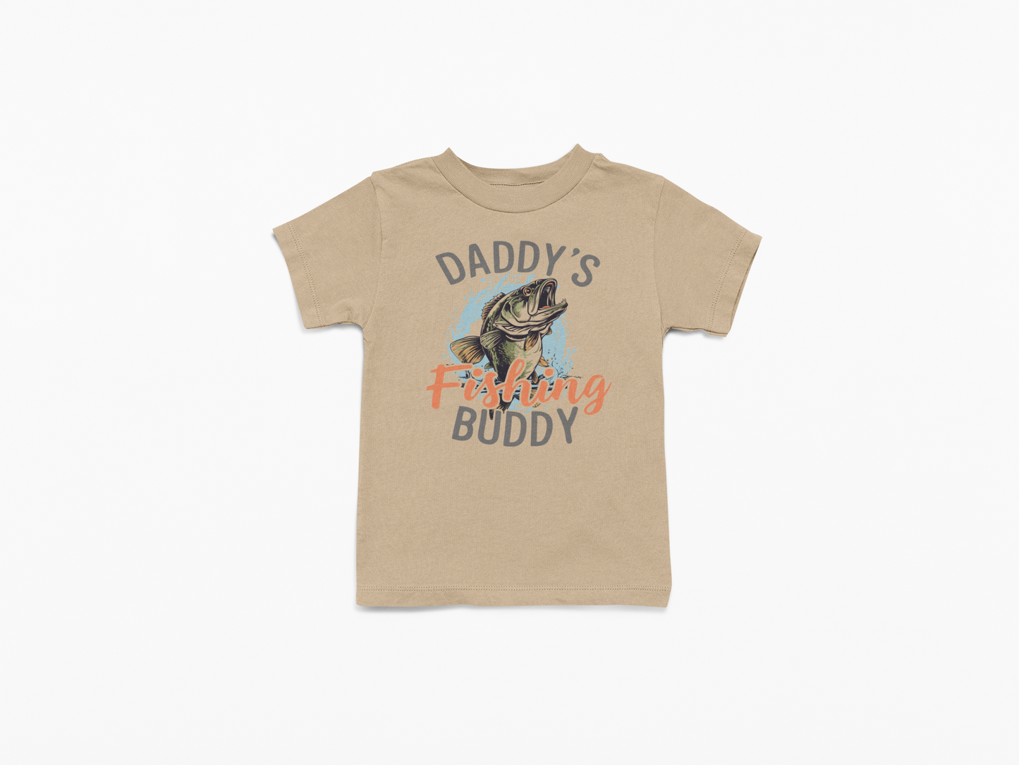 Beige t-shirt with fishing graphic and text on a white background