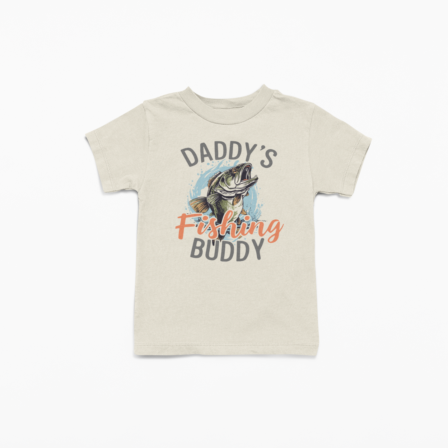 Children's t-shirt with 'Daddy's Fishing Buddy' graphic on a white background