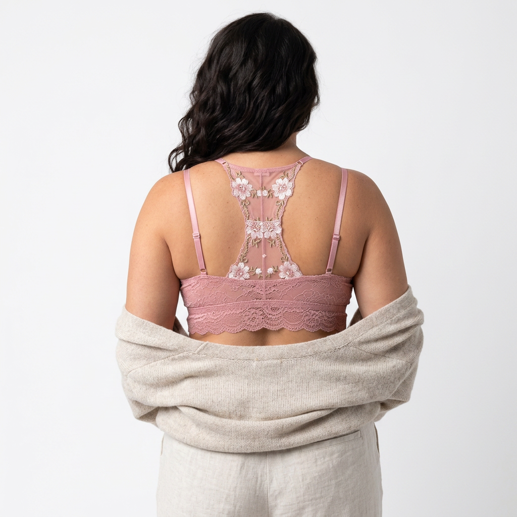 Woman wearing a pink bralette with floral lace details on a plain background