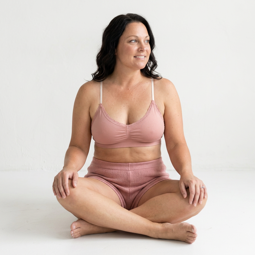 Woman wearing a pink bikini sitting on a white background