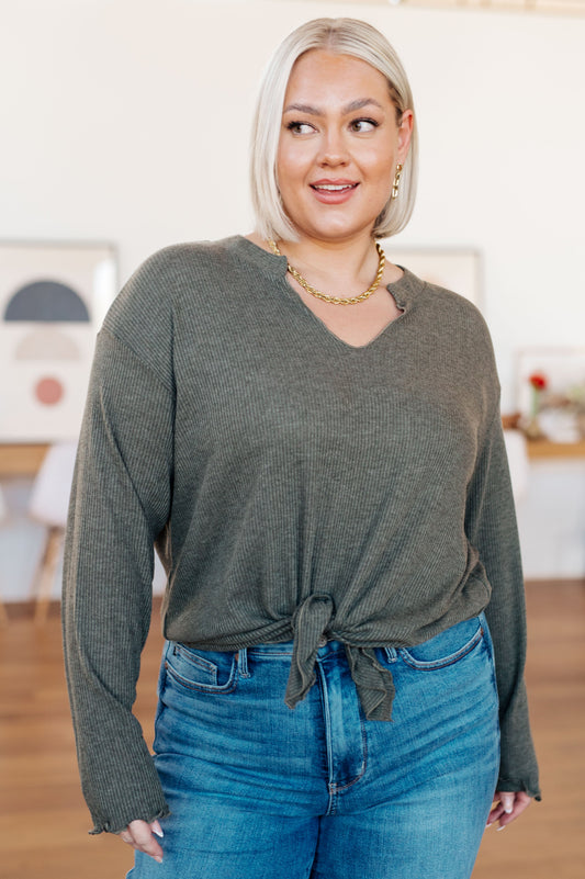 Don't Be Careless Ribbed Knit Top – ribbed knit with front slit and lettuce hem – alternate view 2