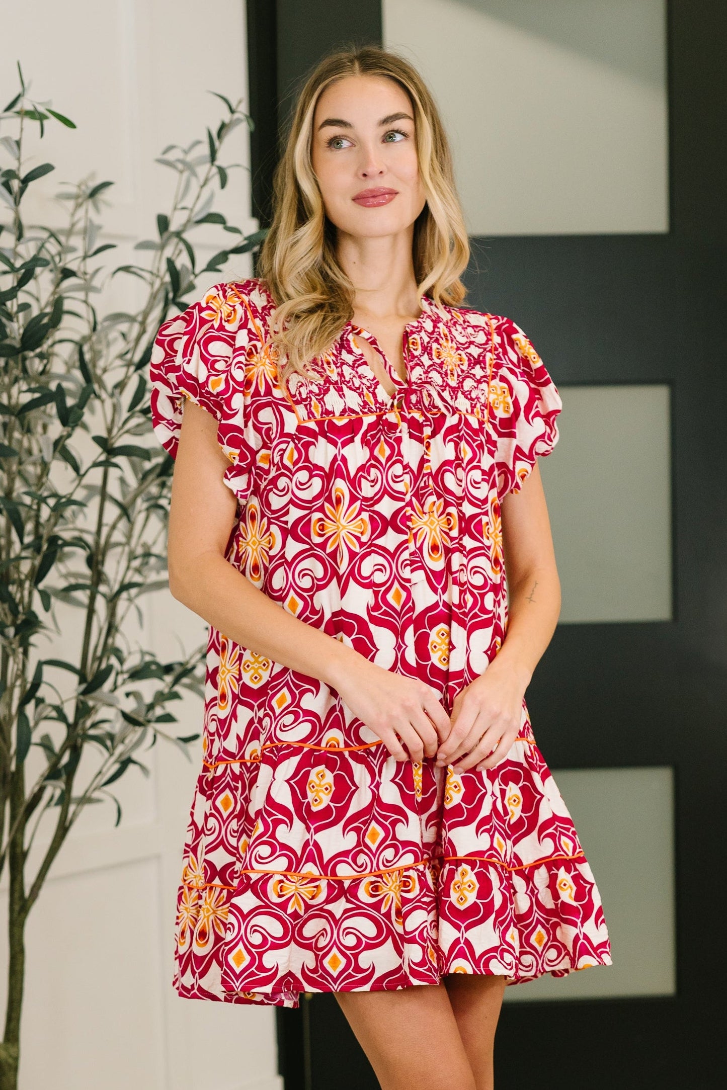 Don't You Go Away balloon sleeve dress in crinkle woven fabric