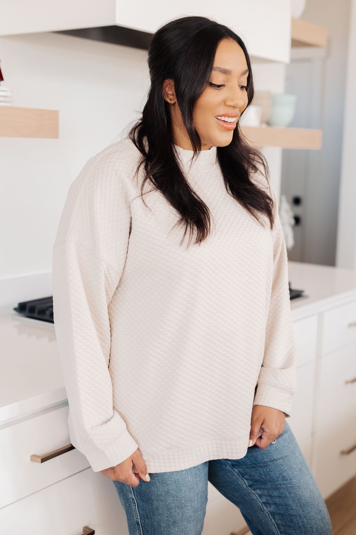 Don't Change Anything Mock Neck Pullover in textured knit – alternate view 7