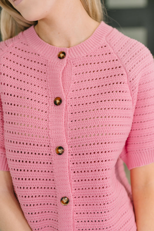 Dreaming All Day Sweater Knit Button Down – mid-weight knit with banded ribbed round neckline – alternate view 2