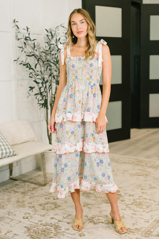 Elegant Edge tiered maxi dress in sage textured woven fabric